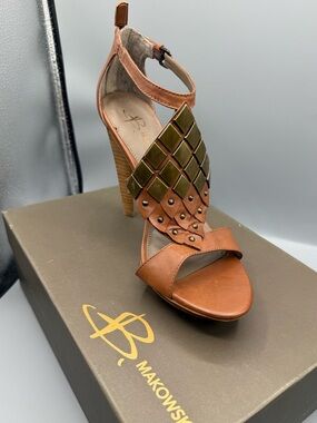 b. makowsky Brown Leather High Heel Sandal with Gold Accents